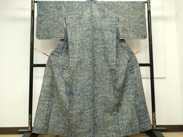 平和屋着物＊夏物　本場阿波藍染　角田智造　小紋　紗紬　切嵌吉祥花文　正絹　逸品　CABK0933ou