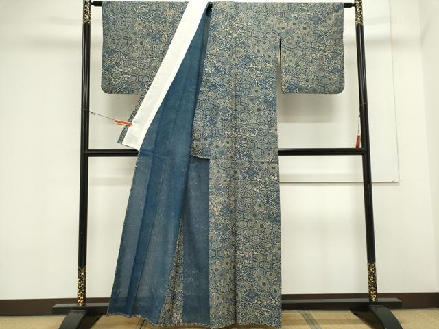 平和屋着物＊夏物　本場阿波藍染　角田智造　小紋　紗紬　切嵌吉祥花文　正絹　逸品　CABK0933ou
