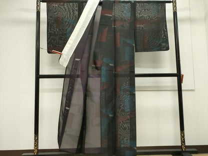 平和屋着物＊夏物　小紋　紗　幾何学文　黒地　銀糸　正絹　逸品　未使用　CABK0938ou