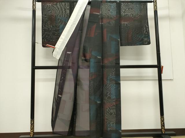 平和屋着物＊夏物　小紋　紗　幾何学文　黒地　銀糸　正絹　逸品　未使用　CABK0938ou