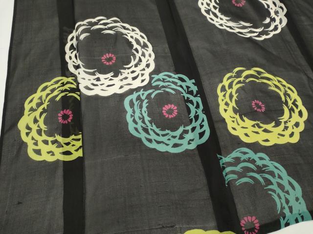 平和屋着物＊夏物　小紋　紗　舞花文　黒地　CABK0939ou