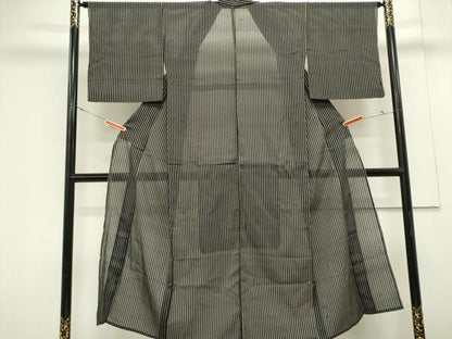 平和屋着物＊夏物　お召　紗　縞　黒地　　正絹　逸品　CABK0948ou