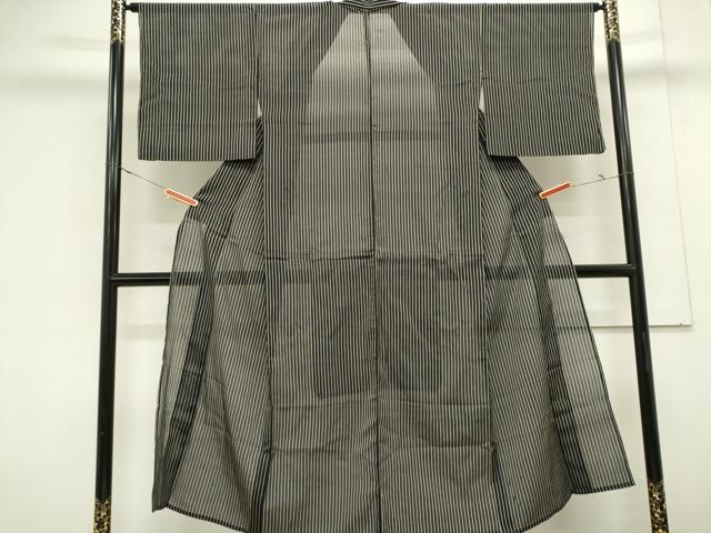 平和屋着物＊夏物　お召　紗　縞　黒地　　正絹　逸品　CABK0948ou