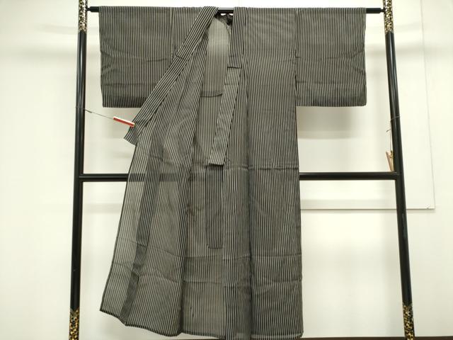 平和屋着物＊夏物　お召　紗　縞　黒地　　正絹　逸品　CABK0948ou