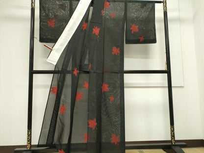 平和屋着物＊夏物　小紋　絽　流水楓文　黒地　正絹　逸品　未使用　CABK0949ou