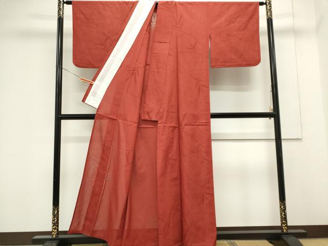 平和屋着物＊夏物　色無地　紗紬　枝葉紋紗　赤丹色　正絹　逸品　CABK0953ou