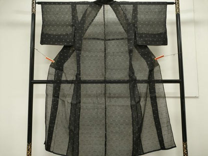 平和屋着物＊夏物　お召　紗　格子柄　黒地　正絹　逸品　CABK0954ou