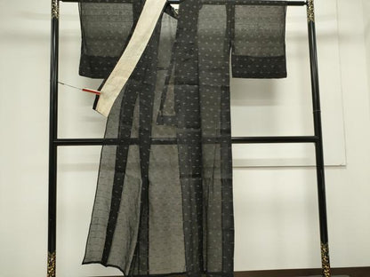 平和屋着物＊夏物　お召　紗　格子柄　黒地　正絹　逸品　CABK0954ou