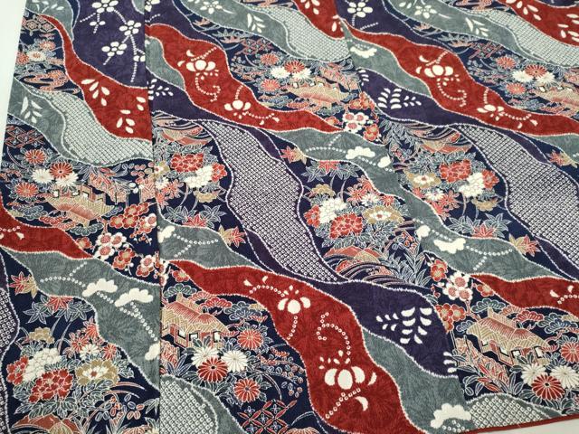 平和屋着物■上質な小紋　風景花文　鬼しぼ縮緬　正絹　逸品　CABK0980ou
