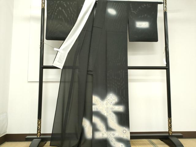 平和屋着物＊夏物　訪問着　絽　友禅　吉祥草花文　暈し染め　黒地　正絹　逸品　CABK0998ou