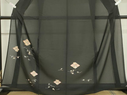 平和屋着物＊夏物　訪問着　絽　吹き寄せ文　黒地　金彩　正絹　逸品　CABK0999ou
