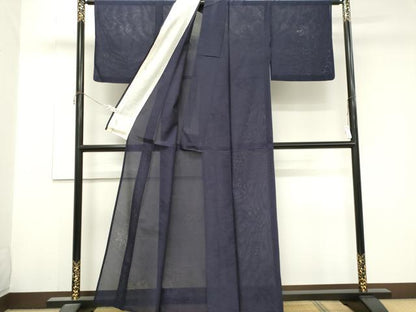 平和屋着物＊夏物　色無地　紗紬　楓紋紗　鉄紺色　正絹　逸品　CABK1002ou