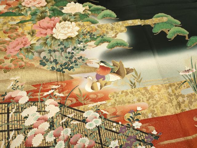 平和屋着物■豪華黒留袖　作家物　駒刺繍　鴛鴦風景花文　暈し染め　金銀彩　正絹　逸品　CABK1055ou