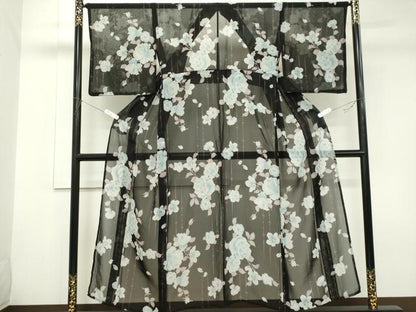 平和屋着物＊夏物　小紋　紗　枝花文　黒地　洗える着物　CABK1070ou