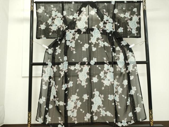 平和屋着物＊夏物　小紋　紗　枝花文　黒地　洗える着物　CABK1070ou