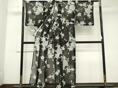 平和屋着物＊夏物　小紋　紗　枝花文　黒地　洗える着物　CABK1070ou