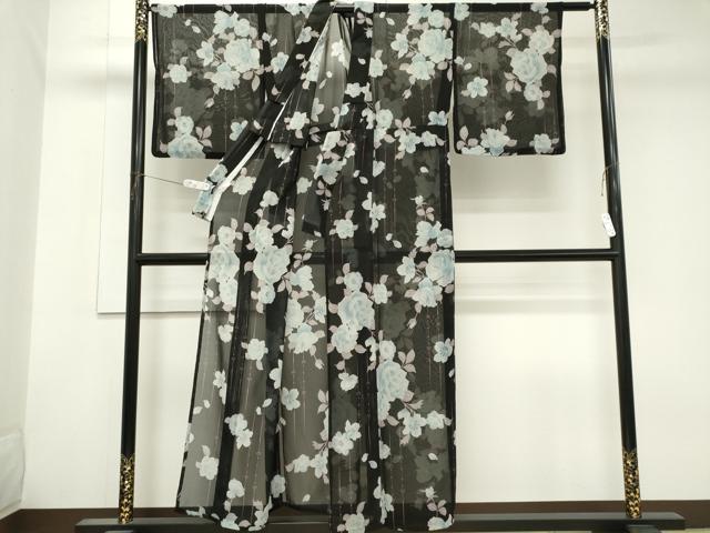 平和屋着物＊夏物　小紋　紗　枝花文　黒地　洗える着物　CABK1070ou