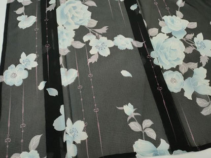 平和屋着物＊夏物　小紋　紗　枝花文　黒地　洗える着物　CABK1070ou