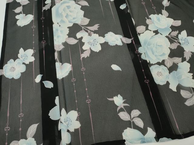 平和屋着物＊夏物　小紋　紗　枝花文　黒地　洗える着物　CABK1070ou