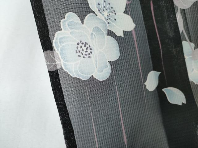 平和屋着物＊夏物　小紋　紗　枝花文　黒地　洗える着物　CABK1070ou