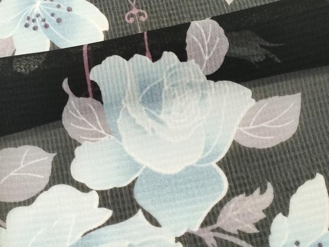 平和屋着物＊夏物　小紋　紗　枝花文　黒地　洗える着物　CABK1070ou