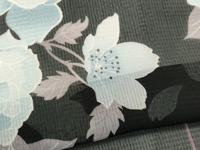 平和屋着物＊夏物　小紋　紗　枝花文　黒地　洗える着物　CABK1070ou