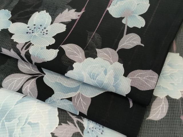 平和屋着物＊夏物　小紋　紗　枝花文　黒地　洗える着物　CABK1070ou