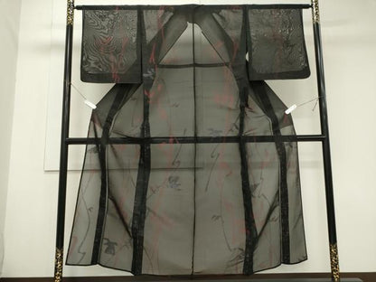 平和屋着物＊夏物　小紋　紗　飛鳥文　黒地　正絹　逸品　CABK1083ou