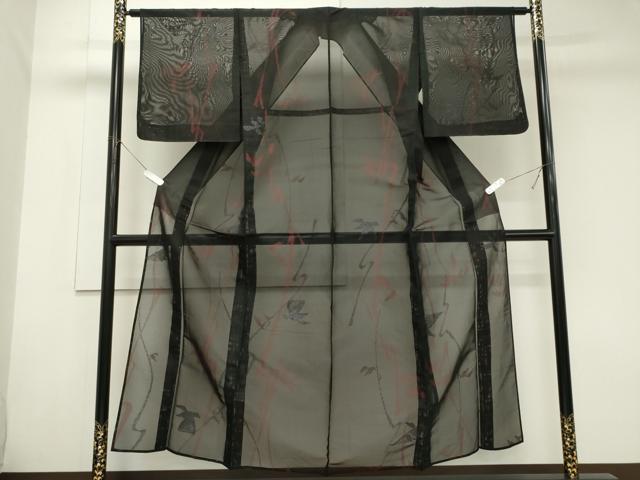 平和屋着物＊夏物　小紋　紗　飛鳥文　黒地　正絹　逸品　CABK1083ou