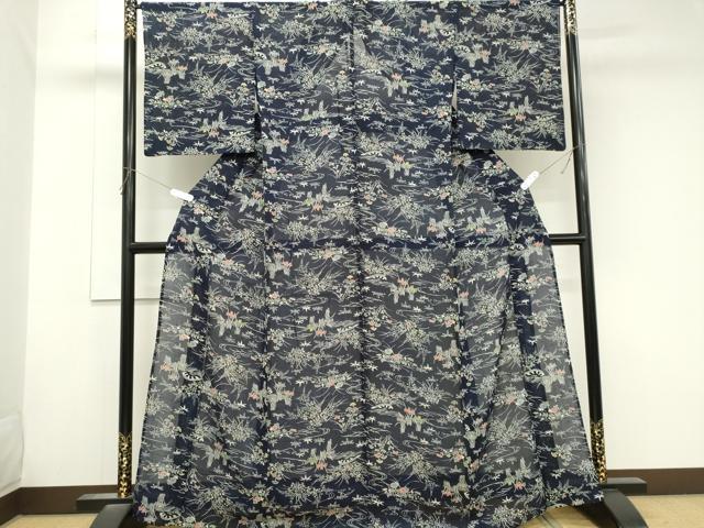 平和屋着物＊夏物　小紋　紗紬　風景草花文　正絹　逸品　CABK1085ou