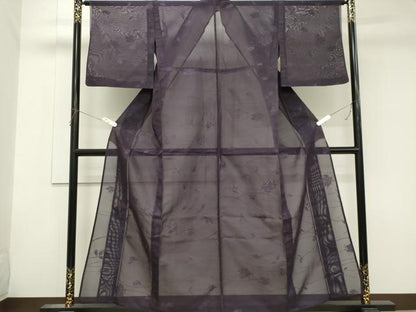平和屋着物＊夏物　色無地　草花紋紗　蒲葡色　三越扱い　正絹　逸品　CABK1087ou