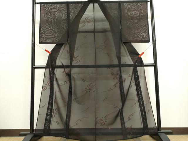 平和屋着物＊夏物　小紋　紗　流水文　黒地　正絹　逸品　CABK1128ou
