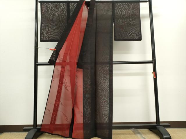 平和屋着物＊夏物　小紋　紗　流水文　黒地　正絹　逸品　CABK1128ou