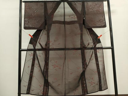 平和屋着物＊夏物　小紋　紗　枝葉文　黒地　正絹　逸品　CABK1130ou