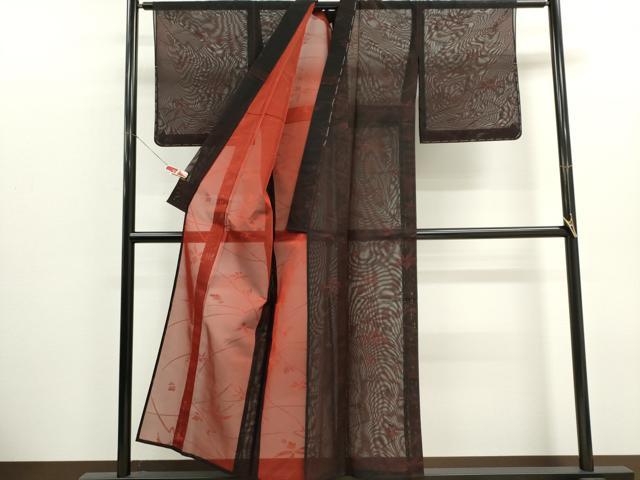 平和屋着物＊夏物　小紋　紗　枝葉文　黒地　正絹　逸品　CABK1130ou
