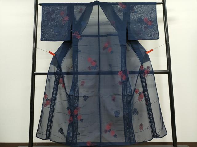 平和屋着物＊夏物　小紋　紗　楓文　正絹　逸品　CABK1135ou