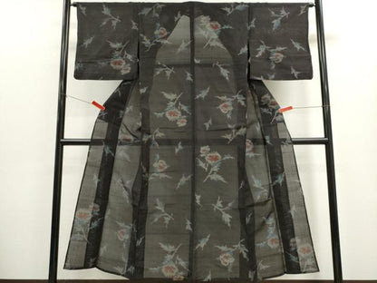 平和屋着物＊夏物　紗紬　草花文　黒地　正絹　逸品　CABK1137ou