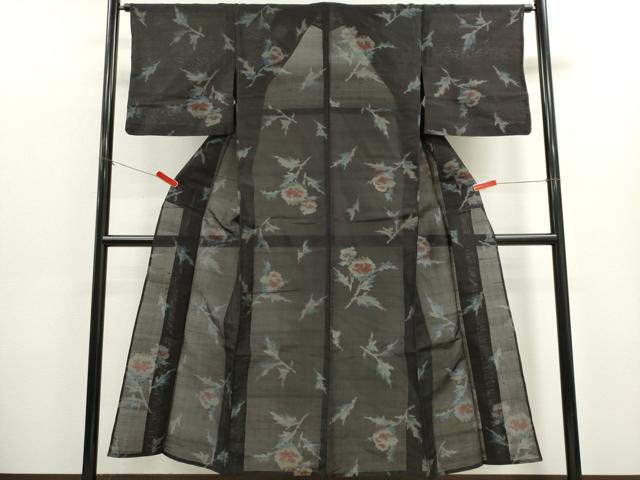 平和屋着物＊夏物　紗紬　草花文　黒地　正絹　逸品　CABK1137ou