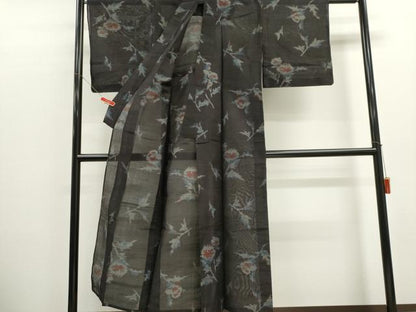 平和屋着物＊夏物　紗紬　草花文　黒地　正絹　逸品　CABK1137ou
