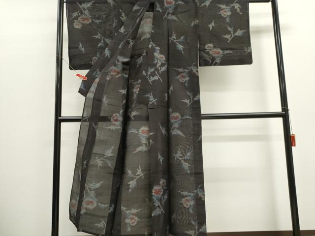 平和屋着物＊夏物　紗紬　草花文　黒地　正絹　逸品　CABK1137ou