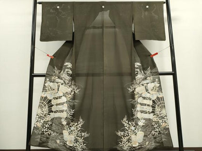 平和屋着物＊夏物　アンティーク　大正ロマン　黒留袖　絽　駒刺繍　風景草花文　正絹　逸品　CABK1142ou