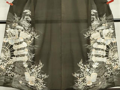 平和屋着物＊夏物　アンティーク　大正ロマン　黒留袖　絽　駒刺繍　風景草花文　正絹　逸品　CABK1142ou