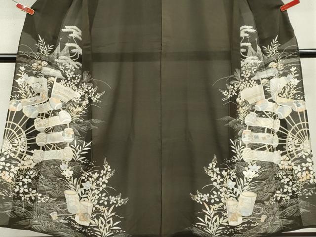平和屋着物＊夏物　アンティーク　大正ロマン　黒留袖　絽　駒刺繍　風景草花文　正絹　逸品　CABK1142ou