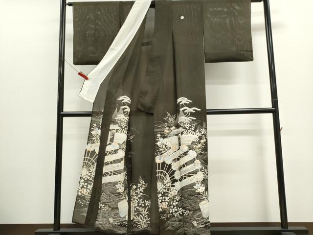 平和屋着物＊夏物　アンティーク　大正ロマン　黒留袖　絽　駒刺繍　風景草花文　正絹　逸品　CABK1142ou
