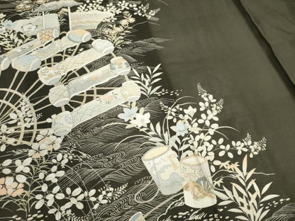 平和屋着物＊夏物　アンティーク　大正ロマン　黒留袖　絽　駒刺繍　風景草花文　正絹　逸品　CABK1142ou