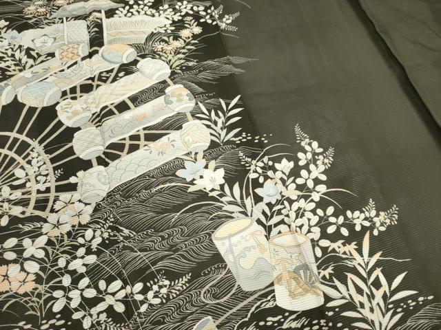 平和屋着物＊夏物　アンティーク　大正ロマン　黒留袖　絽　駒刺繍　風景草花文　正絹　逸品　CABK1142ou