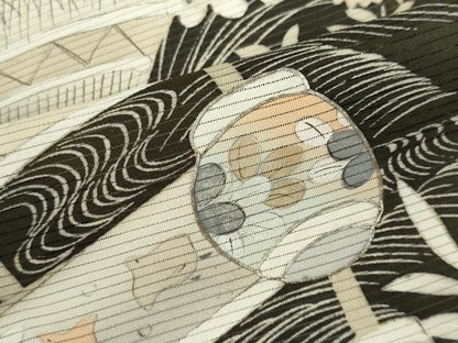 平和屋着物＊夏物　アンティーク　大正ロマン　黒留袖　絽　駒刺繍　風景草花文　正絹　逸品　CABK1142ou