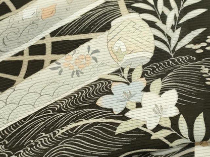 平和屋着物＊夏物　アンティーク　大正ロマン　黒留袖　絽　駒刺繍　風景草花文　正絹　逸品　CABK1142ou