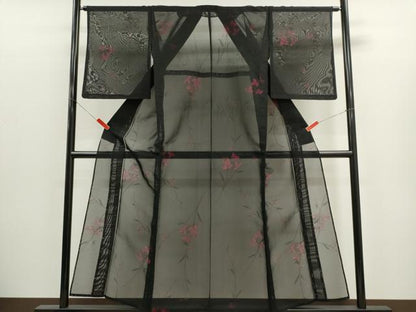 平和屋着物＊夏物　小紋　紗　草花文　黒地　正絹　逸品　CABK1147ou