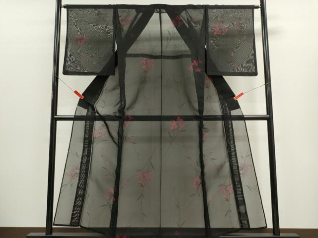 平和屋着物＊夏物　小紋　紗　草花文　黒地　正絹　逸品　CABK1147ou